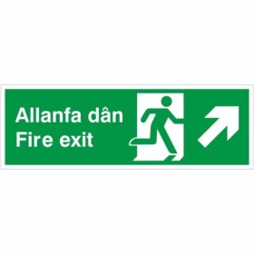 Bilingual Welsh and English fire exit arrow up right sign