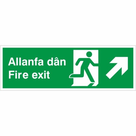 Bilingual Welsh and English fire exit arrow up right sign