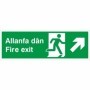 Bilingual Welsh and English fire exit arrow up right sign