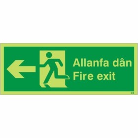 Welsh English fire exit sign with left arrow and running figure symbo