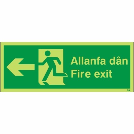 Welsh English fire exit sign with left arrow and running figure symbo