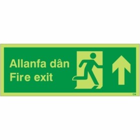 Welsh / English fire exit sign with upward arrow and running man symbol