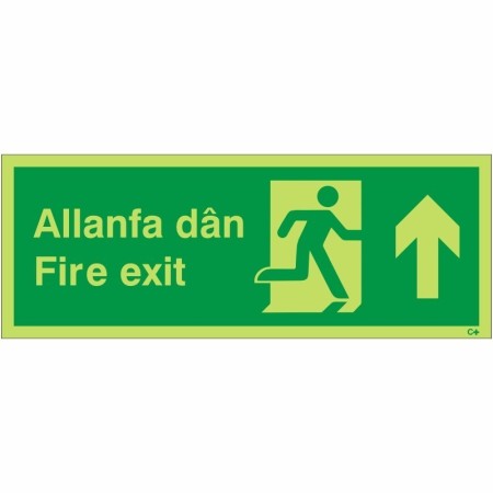 Welsh / English fire exit sign with upward arrow and running man symbol