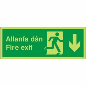 Glow in the dark Welsh English fire exit sign with downward arrow and running man symbol