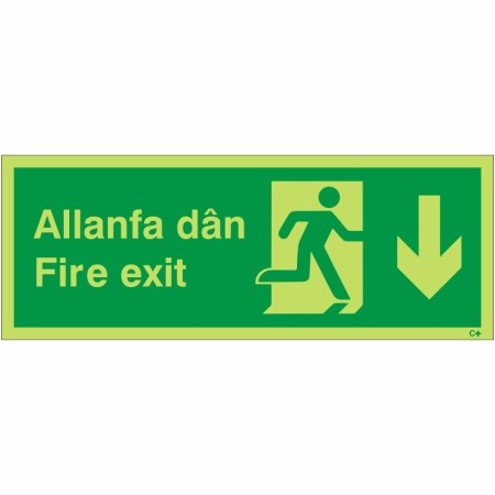 Glow in the dark Welsh English fire exit sign with downward arrow and running man symbol