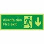 Glow in the dark Welsh English fire exit sign with downward arrow and running man symbol