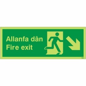 Welsh and English fire exit sign with running man and arrow pointing down right
