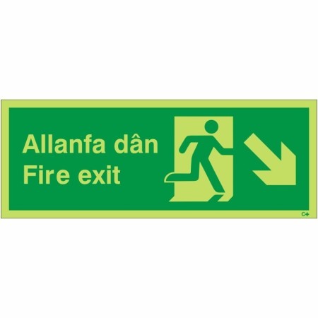 Welsh and English fire exit sign with running man and arrow pointing down right