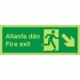 Welsh and English fire exit sign with running man and arrow pointing down right