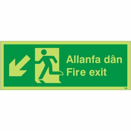 Glow in the dark Welsh English fire exit sign with downward left arrow and running man symbol