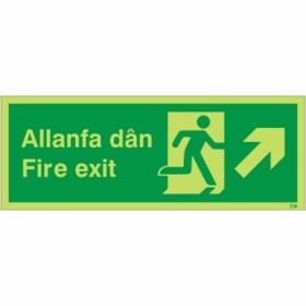 Glow in the dark Welsh English fire exit sign with upward right arrow and running man symbol
