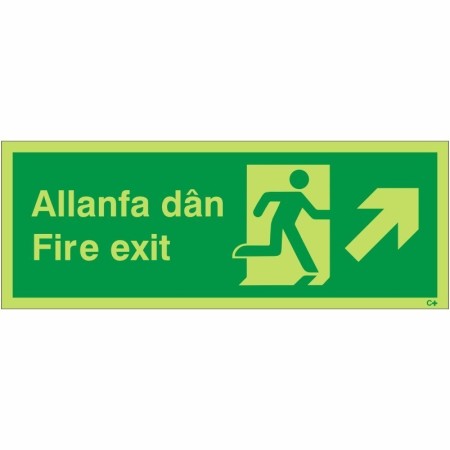 Glow in the dark Welsh English fire exit sign with upward right arrow and running man symbol