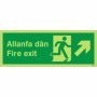 Glow in the dark Welsh English fire exit sign with upward right arrow and running man symbol
