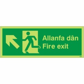 Welsh English fire exit sign with upward left arrow and running man symbol