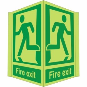 Glow in the dark projecting fire exit sign with running man symbol and directional guidance