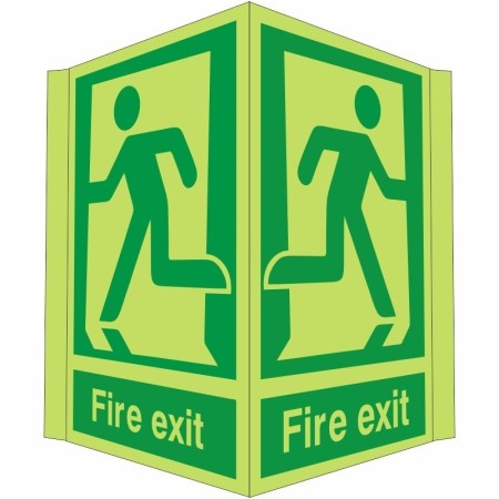Glow in the dark projecting fire exit sign with running man symbol and directional guidance
