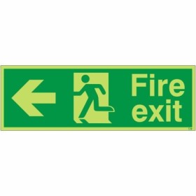 Glow in the dark fire exit left sign with running figure and arrow