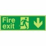 Glow in the dark fire exit down sign with running man and downward arrow