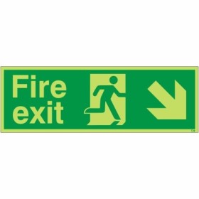 Glow in the dark fire exit down right sign with running figure and arrow