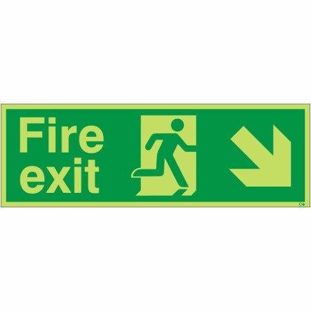 Glow in the dark fire exit down right sign with running figure and arrow
