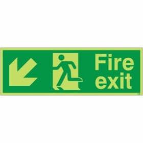 Glow in the dark fire exit sign with down left arrow and running man symbol
