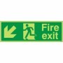 Glow in the dark fire exit sign with down left arrow and running man symbol