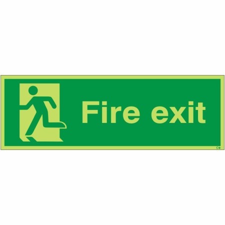 Fire exit sign with running man and left arrow photoluminescent