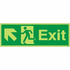 Glow in the dark exit sign with running man and arrow pointing up left