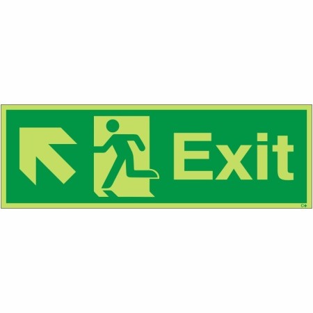 Glow in the dark exit sign with running man and arrow pointing up left