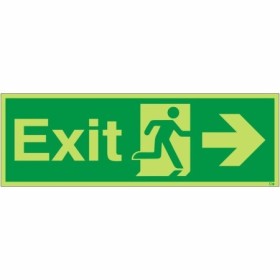 Glow in the dark exit sign with right arrow and running man symbol