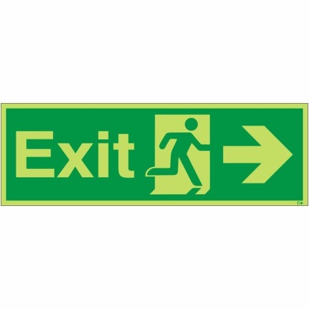 Glow in the dark exit sign with right arrow and running man symbol