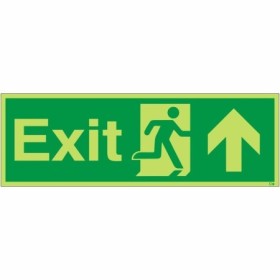 Glow in the dark exit sign with upward arrow and running man symbol