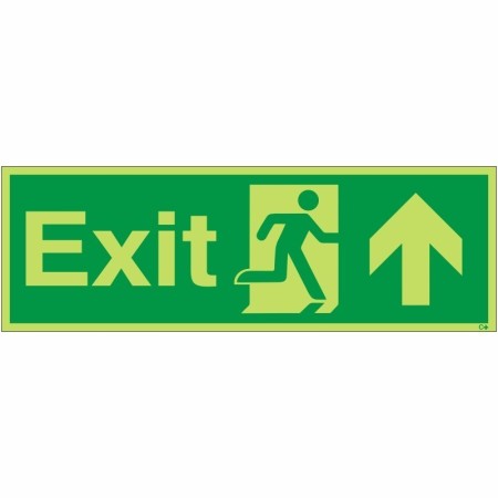 Glow in the dark exit sign with upward arrow and running man symbol
