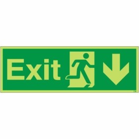 Glow in the dark exit arrow down sign with running man symbol