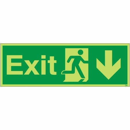 Glow in the dark exit arrow down sign with running man symbol