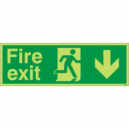 Extra large glow in the dark fire exit down sign with downward arrow