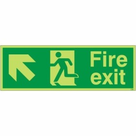 Glow in the dark fire exit sign with arrow pointing up left and running man symbol