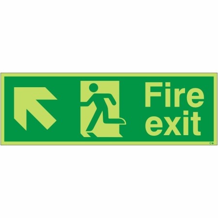 Glow in the dark fire exit sign with arrow pointing up left and running man symbol