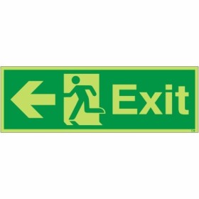 Glow in the dark exit sign with left arrow and running man symbol