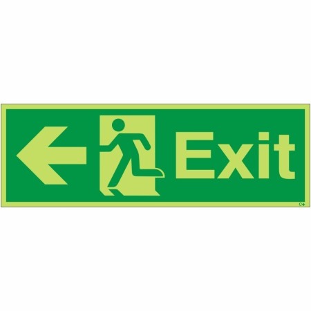 Glow in the dark exit sign with left arrow and running man symbol