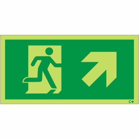 Glow in the dark fire exit sign with running man and arrow pointing up right