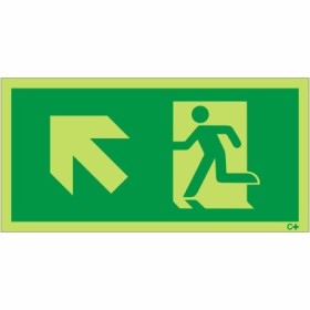 Glow in the dark fire exit sign with arrow pointing up left and running man symbol