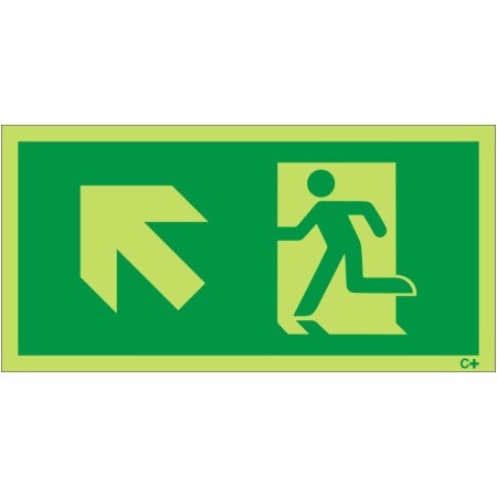 Glow in the dark fire exit sign with arrow pointing up left and running man symbol