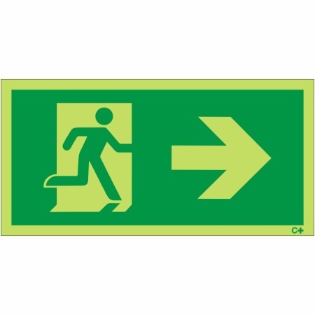 Glow in the dark fire exit sign with running man and right arrow