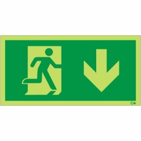 Glow in the dark fire exit sign with running man symbol and downward arrow