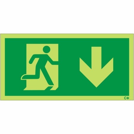 Glow in the dark fire exit sign with running man symbol and downward arrow