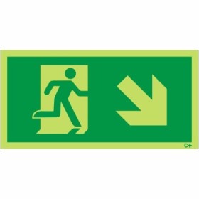 Photoluminescent fire exit sign with running figure and arrow pointing down right