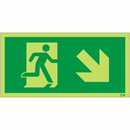 Photoluminescent fire exit sign with running figure and arrow pointing down right