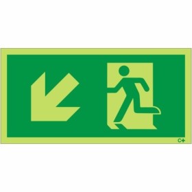 Glow in the dark fire exit symbol sign with arrow pointing down left