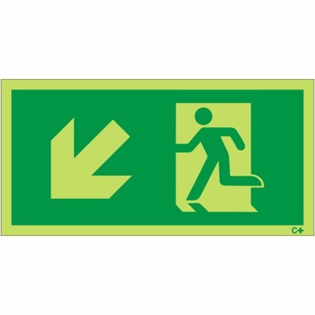 Glow in the dark fire exit symbol sign with arrow pointing down left